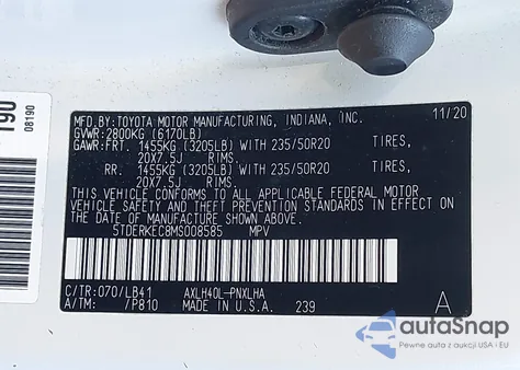 2021 Toyota Sienna Platinum z USA, uszkodzony, nr VIN 5TDERKEC8MS008585